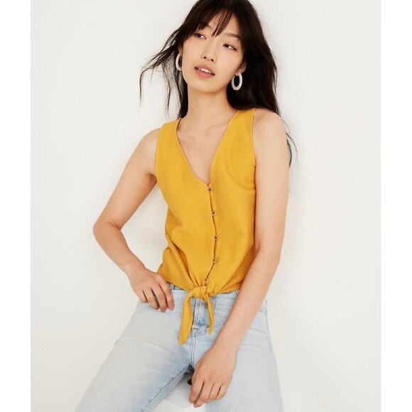 Madewell Texture and Thread Top Button Front Tie Tank Sleeveless Mustard Women L - Picture 3 of 13